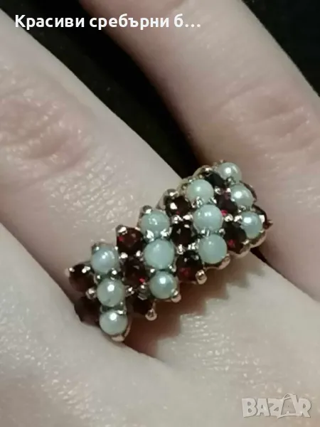 Масивен златен пръстен с перли и гранати , снимка 1