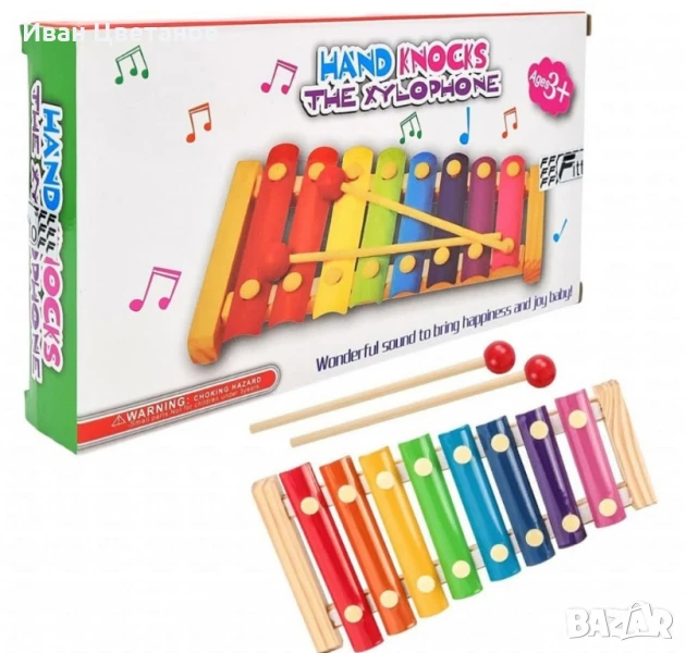 Детски дървен ксилофон с 8 цветни ноти и 2 чукчета, снимка 1