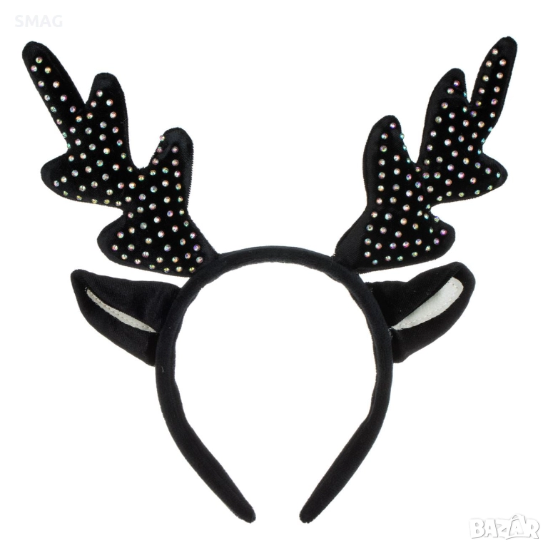 Коледна диадема еленови рога и ушички черна с камъчета_1245266, снимка 1