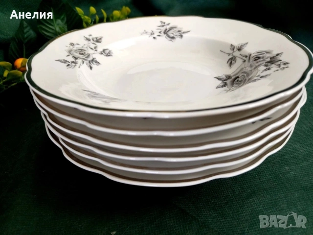 Черно/сива роза и платинен кант Cmielow Poland ! Стил! , снимка 9 - Чинии - 54156528