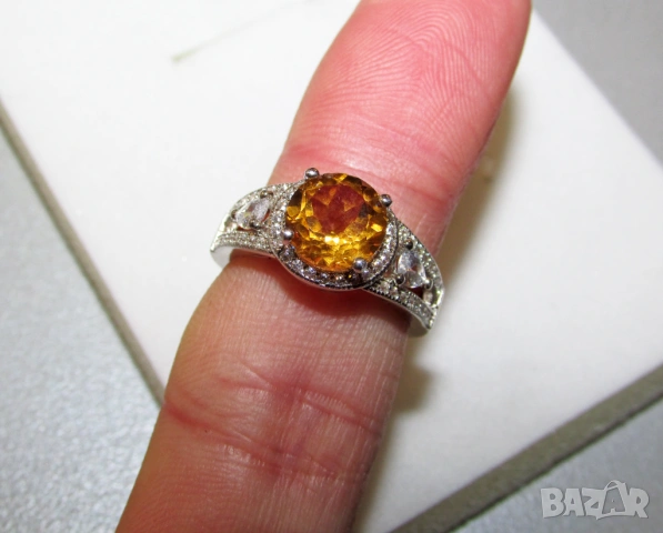 925 сребърен пръстен с цитрин камък 8мм, подходящ за подарък, снимка 4 - Пръстени - 53724879