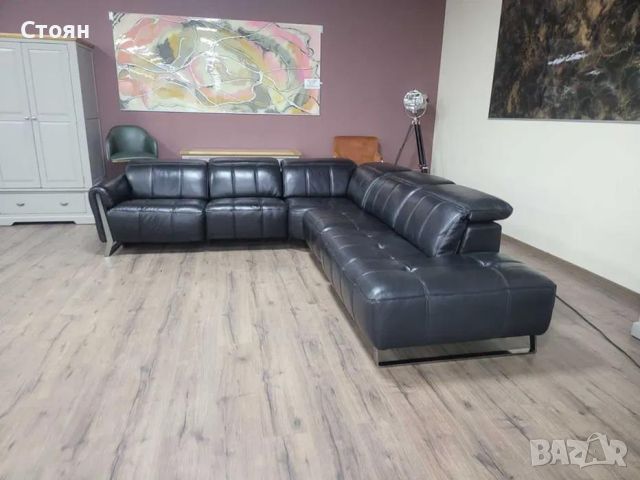 Дизайнерски черен кожен ъглов диван с електрически релакс механизъм, снимка 9 - Дивани и мека мебел - 46474871