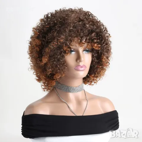 Афро къдрава кафява перука с оранжеви краища