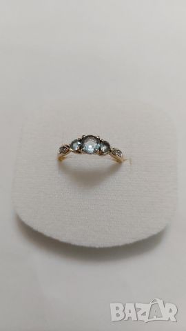 златен пръстен с диаманти и аквамарини, снимка 6 - Пръстени - 45784964