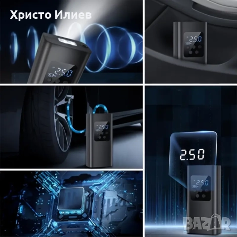Преносим компресор за гуми помпа за гуми с LED дисплей и вградена батерия, снимка 2 - Аксесоари и консумативи - 51577303