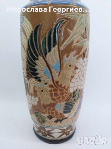 Стара керамична ваза с птици, 28 см, снимка 3 - Вази - 45367317
