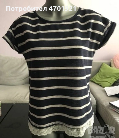 Тъмносиня дамска тениска на райе, снимка 3 - Тениски - 53216088