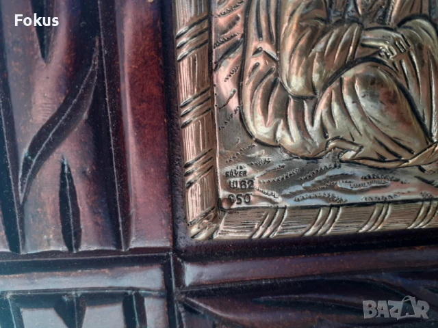 Голяма сребърна икона с дървена рамка дърворезба сертификат, снимка 5 - Антикварни и старинни предмети - 51301480