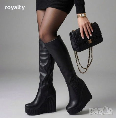 Ботуши на Платформа - Черна Кожа, снимка 2 - Дамски ботуши - 52827996