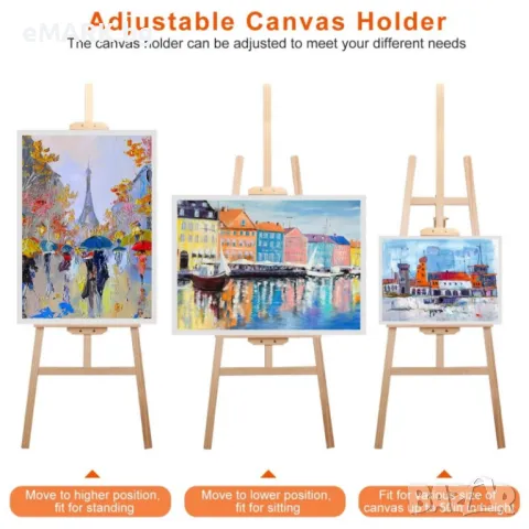 Дървен статив за картини или рисуване с регулиране на височината, подходящ за поставяне на големи ил, снимка 1