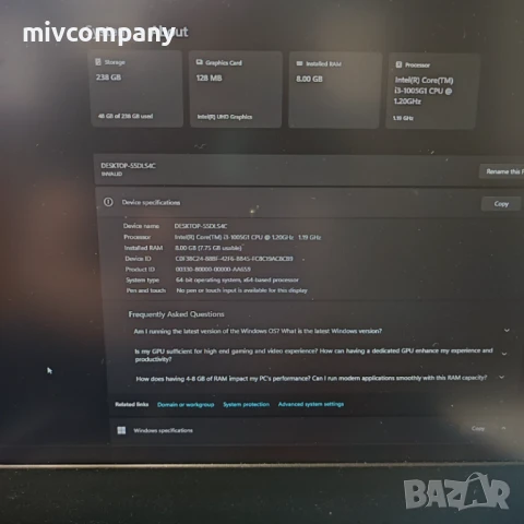 Лаптоп Lenovo IdeaPad 3 1414IL05 10th Gen, снимка 5 - Лаптопи за работа - 50812017
