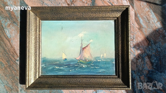 Стара картина , морски пейзаж с маслени бои върху платно в дървена рамка. 