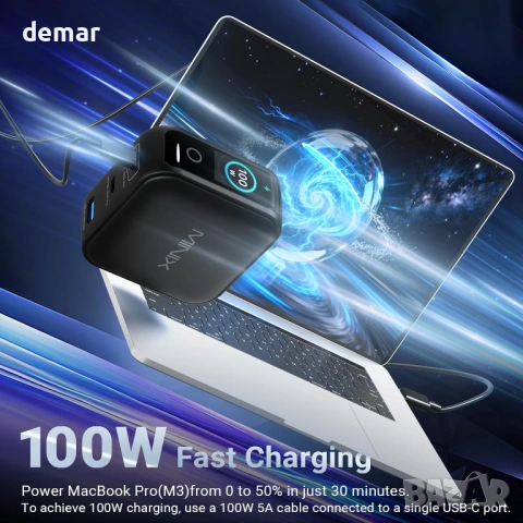 Зарядно устройство MINIX 100W USB C, 3-портово GaN, интелигентен дисплей и сензорно управление, снимка 2 - Друга електроника - 53411423