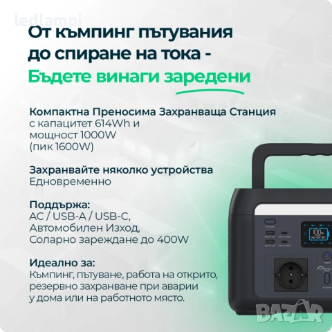 1000W / 614Wh Преносима Захранваща Станция с LiFePO4 Батерия и Wi-Fi, снимка 2 - Друга електроника - 54137744