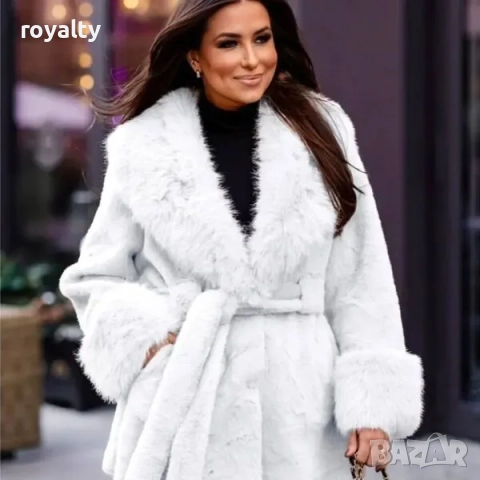 Дамско бяло еко-палто с колан и шал яка