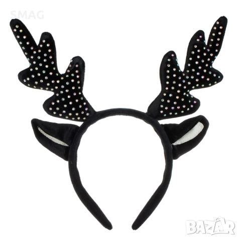 Коледна диадема еленови рога и ушички черна с камъчета_1245266