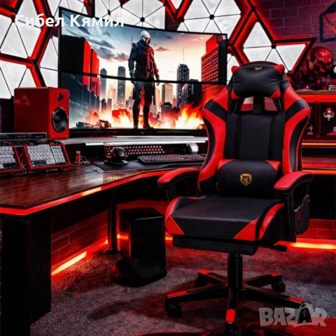 Удобен геймърски стол с поставка за крака и масажна лумбална възглавница, Черно-червен, снимка 8 - Геймърски - 53454826