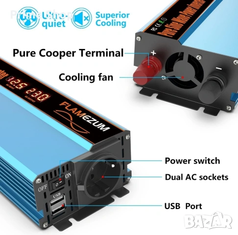 1000W инвертор чиста синусоида 12V-230V с адаптер за запалка и кабели, снимка 4 - Друга електроника - 53754153