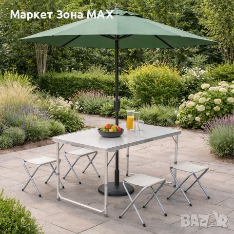 Разпъваш. Сядаш. Наслаждаваш се. Сгъваема маса с 4 стола и място по средата за чадър., снимка 9 - Други стоки за дома - 53078072