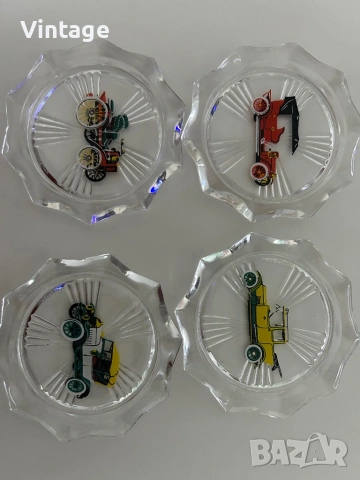 Винтидж стъклени чинии  4 броя с ретро коли , снимка 2 - Колекции - 53983710