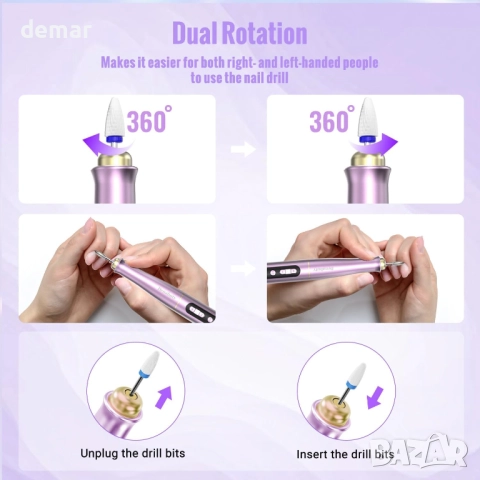 Безжична електрическа пила за нокти 13 в 1, 35000 об/мин, 5 скорости, виолетова, снимка 6 - Продукти за маникюр - 52736009