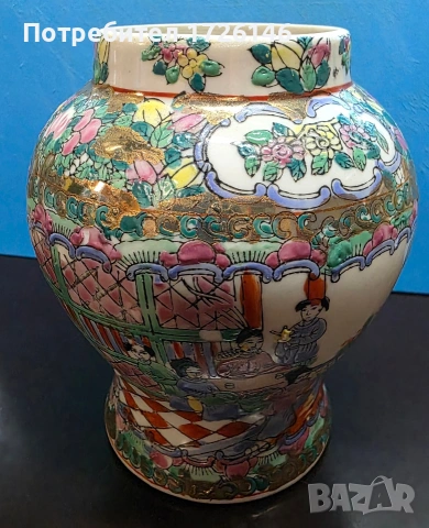 Декоративна китайска порцеланова ваза стил Famille Rose 2 броя– релефна декорация, 14 см, снимка 7 - Декорация за дома - 53778040