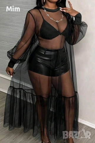 L Ефирна дълга черна рокля с дълъг ръкав 