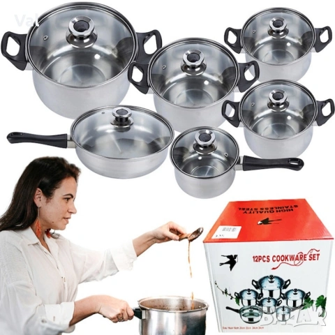 Комплект готварски съдове от инокс 12 части: 5 тенджери, тиган и стъклени капаци (16-24 см), снимка 6 - Съдове за готвене - 53627093