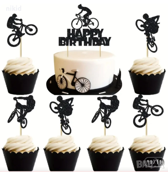 12 бр Колоездач Велосипедист на колело картонени брокат топери украса декор за мъфини кексчета топер, снимка 1