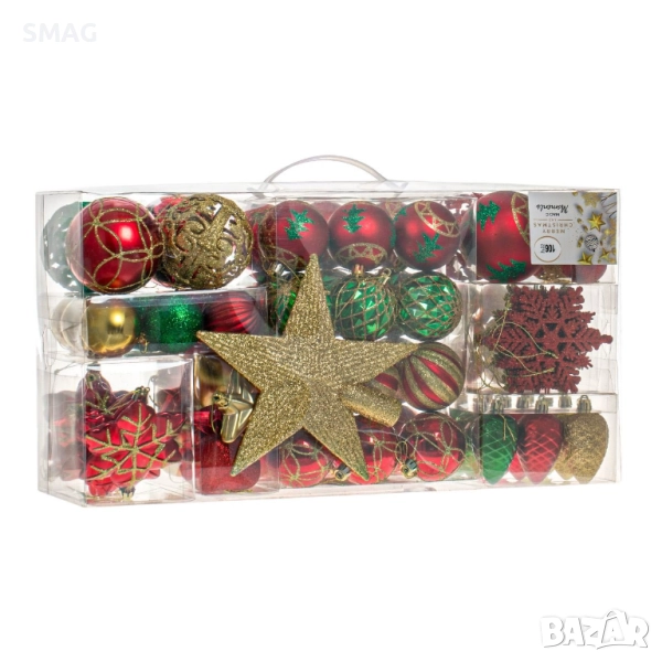 Комплект коледни топки червено и зелено 106 бр. с връх-звезда_1229883, снимка 1