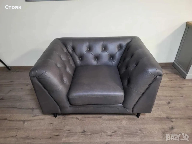 Кафяв кожен фотьойл тип Честърфийлд, снимка 1