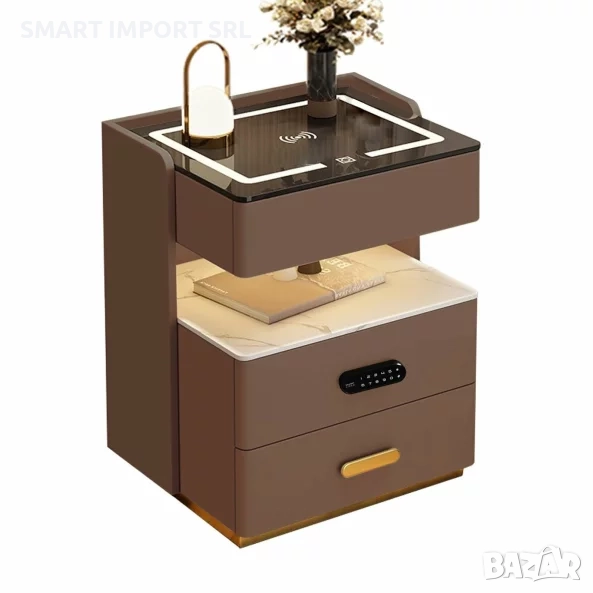 Интелигентно нощно шкафче Smart Heater LED, биометрично заключване, Bluetooth , кафяв, снимка 1