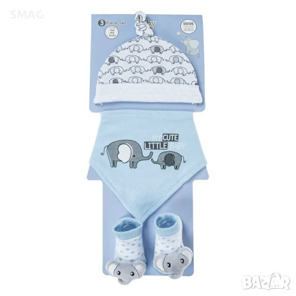 Комплект за новородено Шапка, лигавник и чорапи 3D слонче Небесно синьо бяло S_1225945, снимка 1