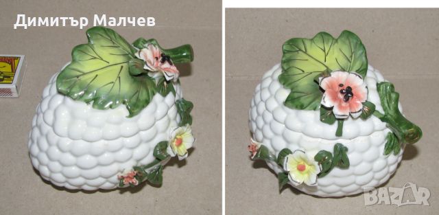 Порцеланова кутия с орелефни цветя ръчно работена, отлична, снимка 3 - Декорация за дома - 45471985