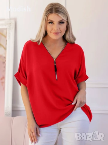 Дамска блуза с цип на деколтето и къси ръкави 9740, снимка 6 - Тениски - 50696404