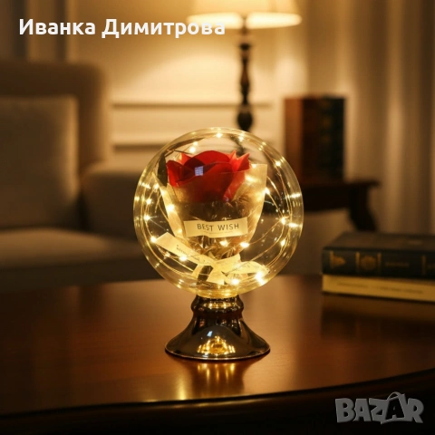 🌹 LED роза в купол – перфектен подарък Топла LED светлина, USB захранване, надпис „BEST WISH“. , снимка 2 - Подаръци за жени - 53396070