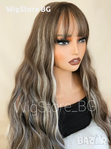 Дълга къдрава кестенява перука на кичури с бретон, снимка 2 - Аксесоари за коса - 52756491