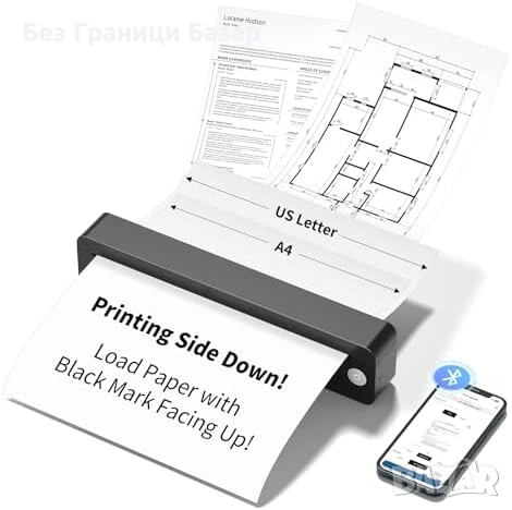Нов Компактен A4 термопринтер безжичен за телефон и лаптоп Bluetooth без мастило