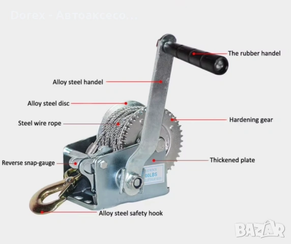 Ръчна лебедка със стоманено въже и автоматична спирачка - 700 кг, 10 метра, снимка 6 - Аксесоари и консумативи - 53857964