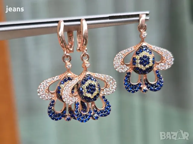 Сребърни обеци и висулка розово покритие 17510, снимка 3 - Обеци - 50324851