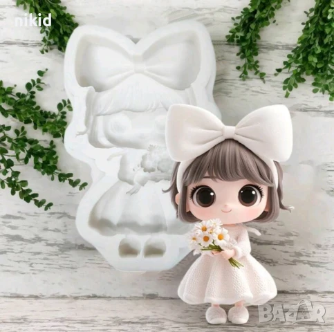 Момиче момиченце с голяма пандела и букет силиконов молд форма фондан