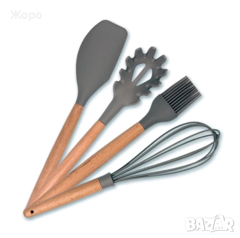 Комплект 12 прибора от силикон с дървена дръжка с поставка , снимка 7 - Прибори за хранене, готвене и сервиране - 52480694