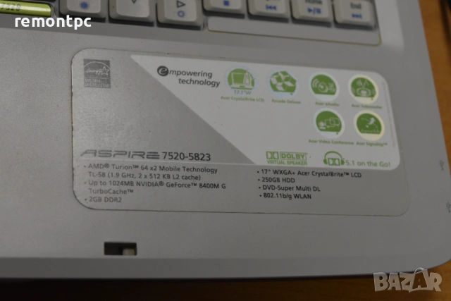 Acer Aspire 7520G 17 инчов SSD + HDD 4 GB RAM Nvidia video card , снимка 3 - Лаптопи за работа - 54190386