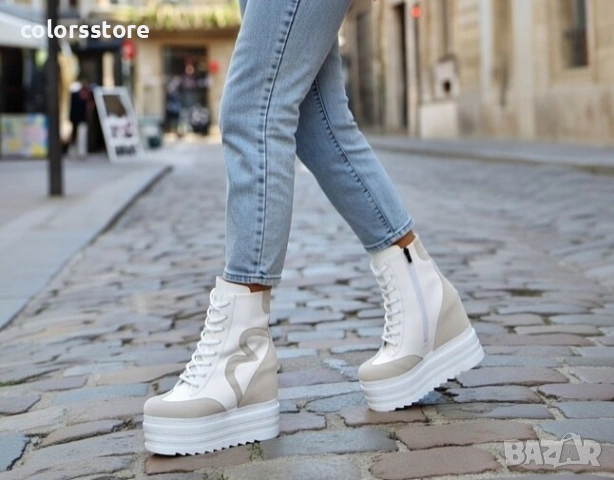 Боти на платформа - бяла кожа със сив велур - BML77

, снимка 1 - Дамски боти - 36677857