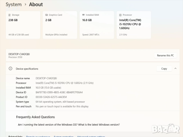 laptop Dell Precision 3550 i5-10210U до 4.2GHz/RAM 16GB/SSD 512GB NVMe/ NVIDIA Quadro P520 2GB DDR5, снимка 9 - Лаптопи за работа - 52454582