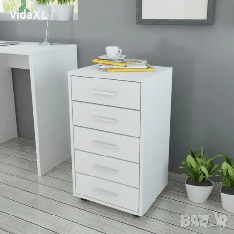vidaXL Офис шкаф с колелца, 5 чекмеджета, бял(SKU:243064), снимка 2 - Шкафове - 53798808