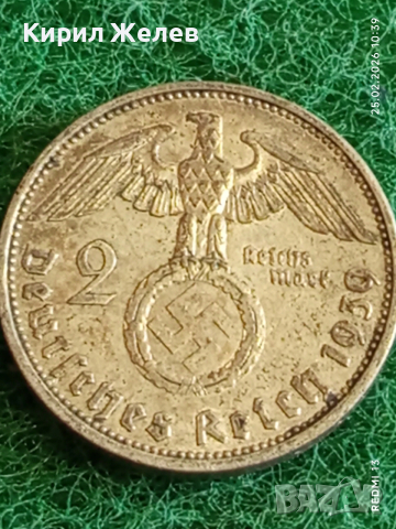 Сребърна монета 2 райхсмарки 1939г. Германия Трети Райх с Свастика за КОЛЕКЦИОНЕРИ 40118, снимка 5 - Нумизматика и бонистика - 53615191