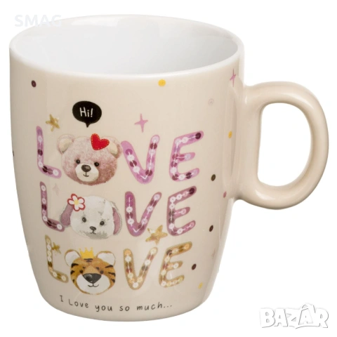 Мини керамична овална чаша бежова с животинчета и надпис „Love“ – 220 мл_1245968