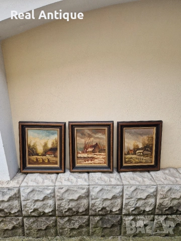 Прекрасен антикварен лот от 3 авторска картини масло върху платно 