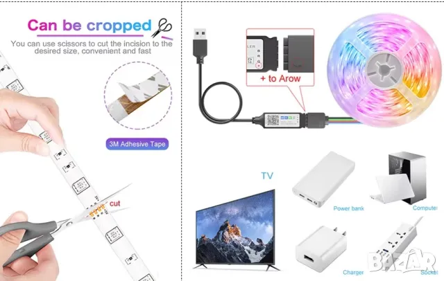 LED лента, светлини 5V с USB за стая, за телевизор, лаптоп, бар, музика декорация, лампа, осветление, снимка 7 - Лед осветление - 48702687